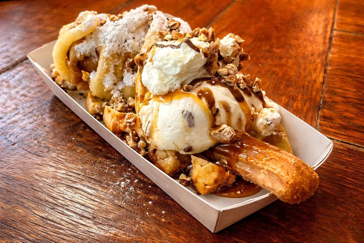 Fried dessert with ice cream, whipped cream and caramel in a paper tray