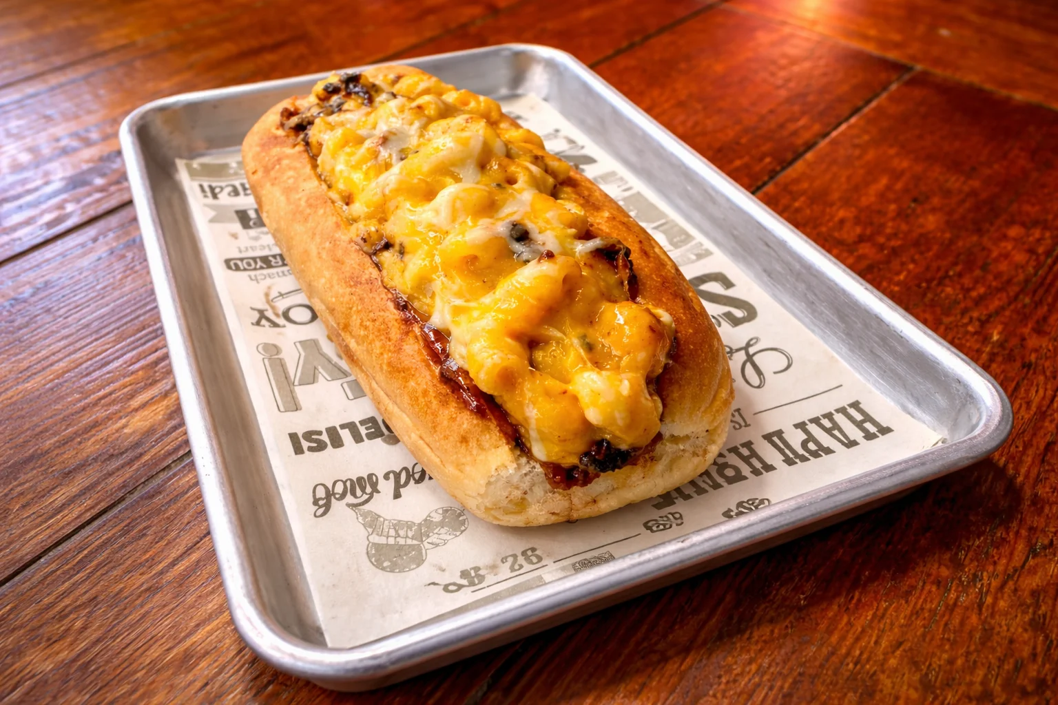 Mac Wild hot dog topped with macaroni and cheese, served on a metal tray